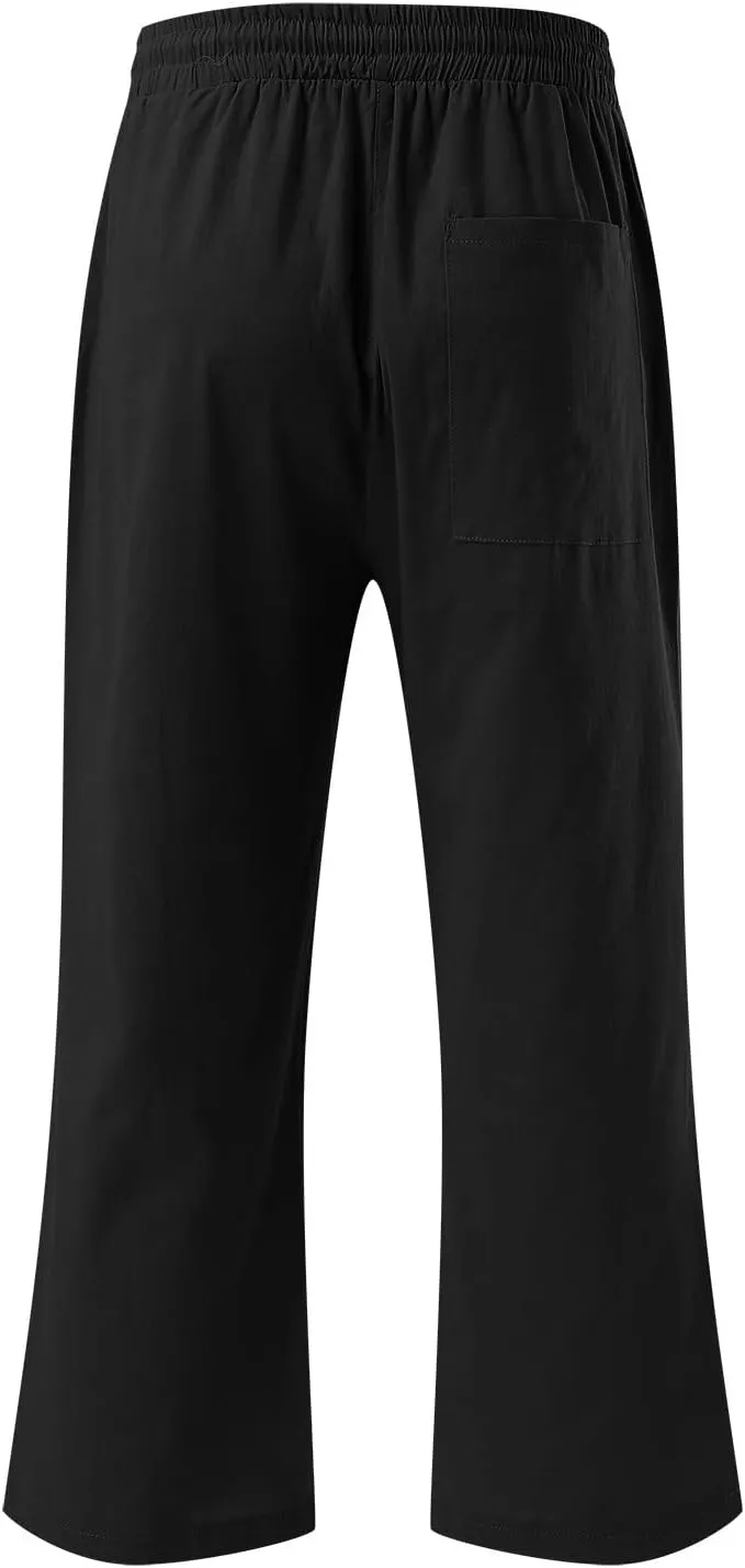 Capri Pants for Women Summer Linen Pants Drawstring Waist Casual Loose Wide Leg Trousers Cropped Slacks with Pockets