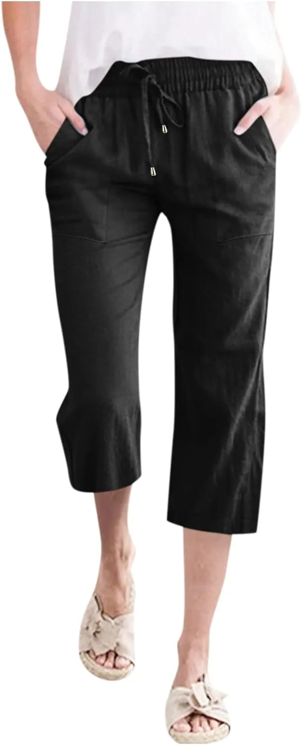 Capri Pants for Women Summer Linen Pants Drawstring Waist Casual Loose Wide Leg Trousers Cropped Slacks with Pockets