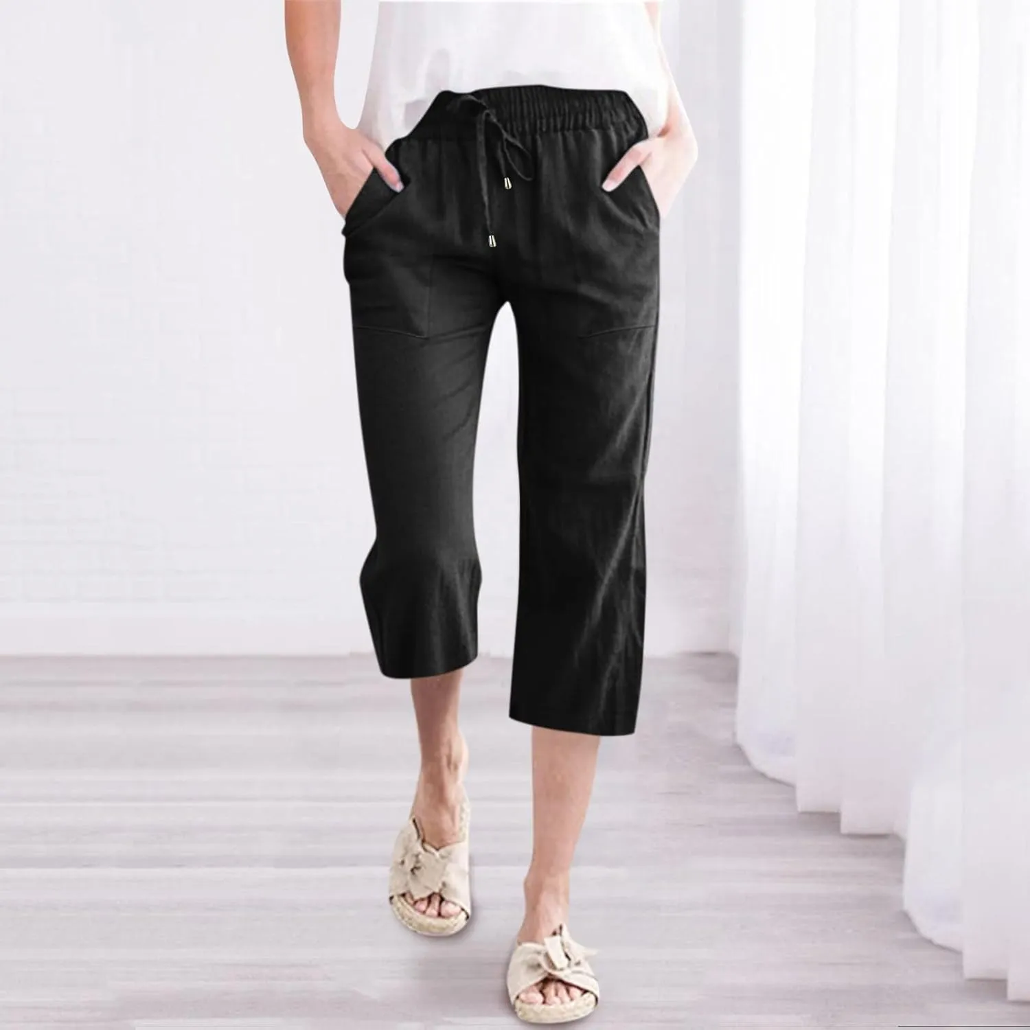 Capri Pants for Women Summer Linen Pants Drawstring Waist Casual Loose Wide Leg Trousers Cropped Slacks with Pockets