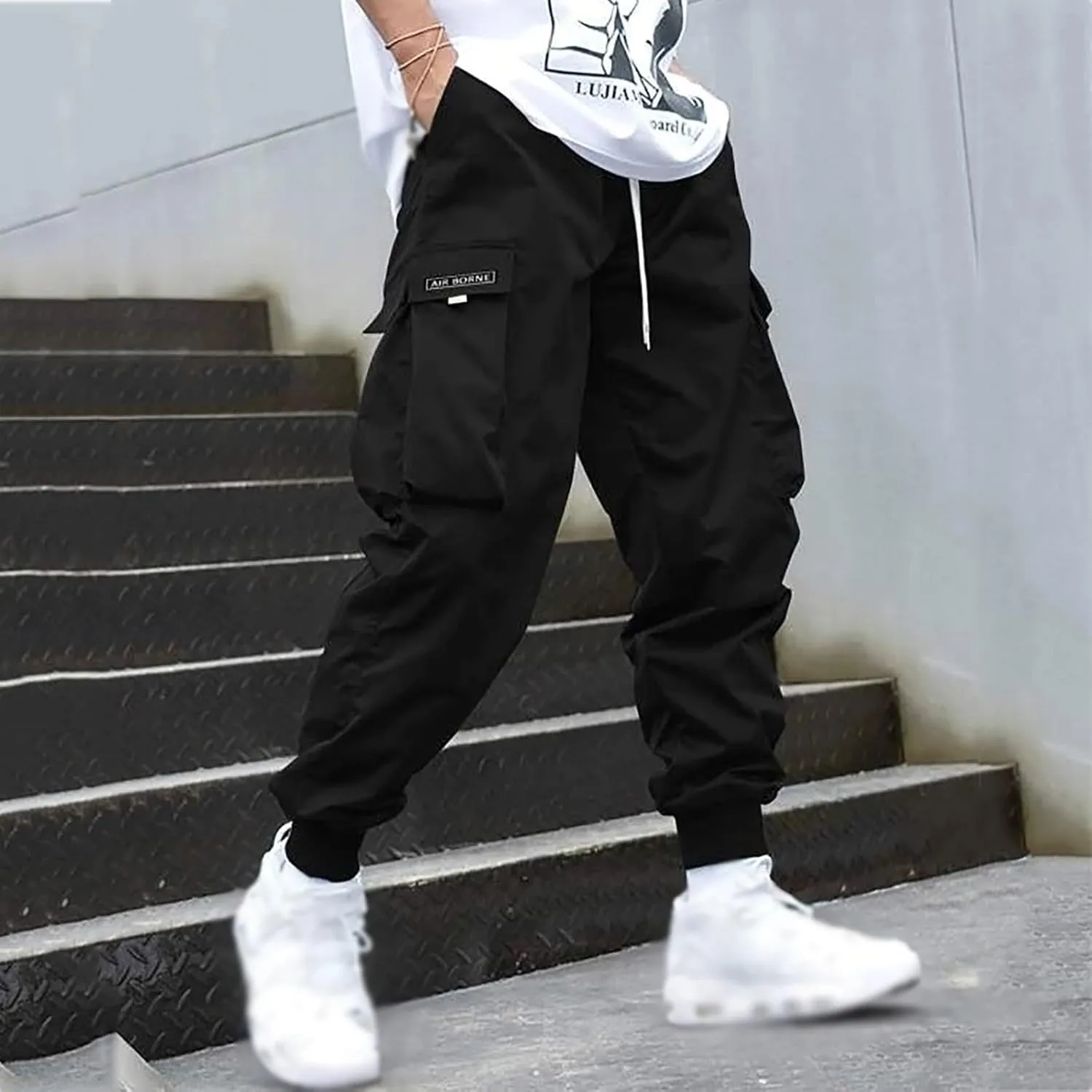 Casual Cargo Pants for Men Elastic Waist Relaxed Fit Trousers Hiking Joggers Athletic Pants with Multi Pockets