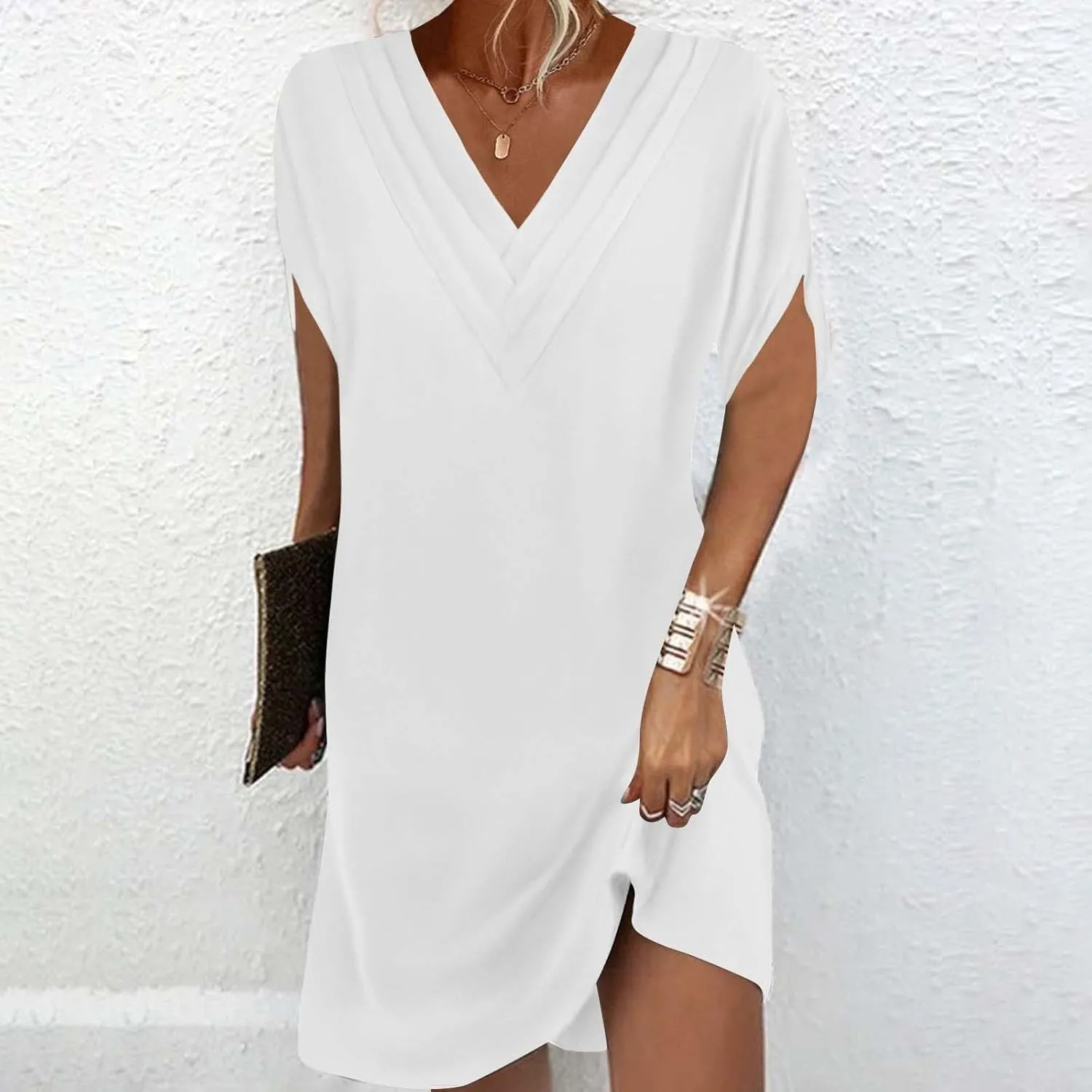 Casual Dresses for Women 2025 Solid V Neck Batwing Sleeve Mini Dress Summer Going Out Dress for Ladies