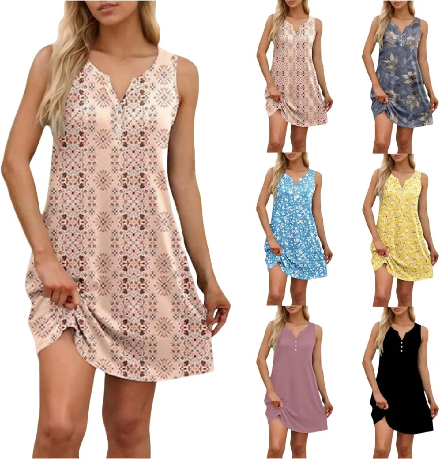 Casual Summer Dresses for Women 2025,Women's Midi Dress Summer Solid Color Short Sleeve V-Neck T-Shirt Beach Sundress