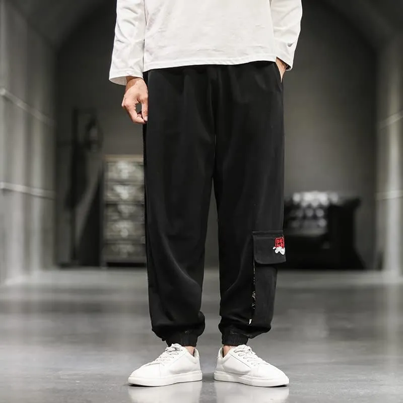 Chinese Style Creative Side Zipper Harem Pants, Black Relaxed Pants, Harajuku Clothing Sport Trousers