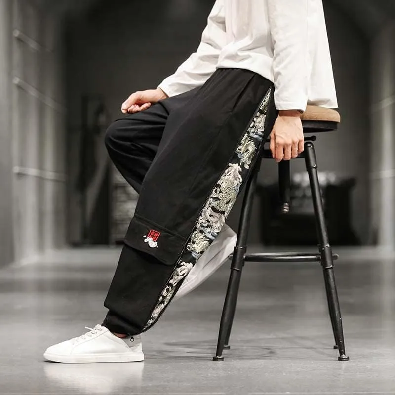 Chinese Style Creative Side Zipper Harem Pants, Black Relaxed Pants, Harajuku Clothing Sport Trousers
