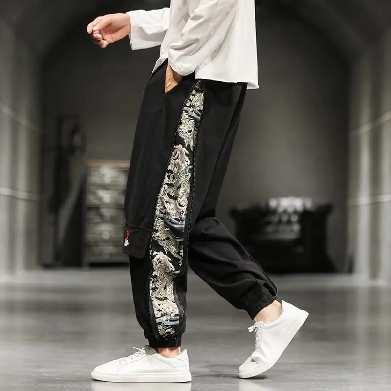 Chinese Style Creative Side Zipper Harem Pants, Black Relaxed Pants, Harajuku Clothing Sport Trousers