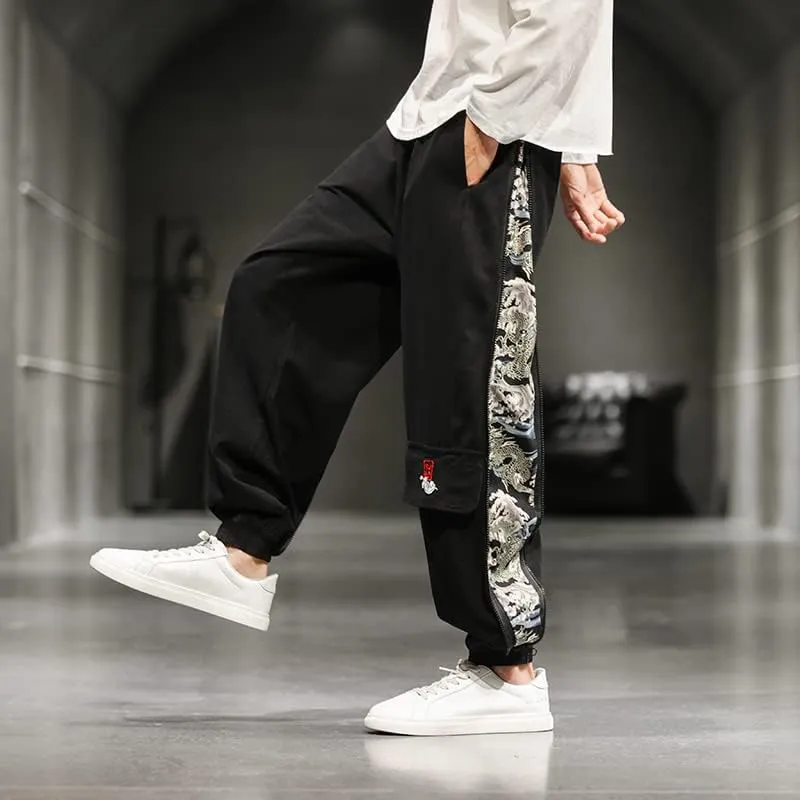 Chinese Style Creative Side Zipper Harem Pants, Black Relaxed Pants, Harajuku Clothing Sport Trousers