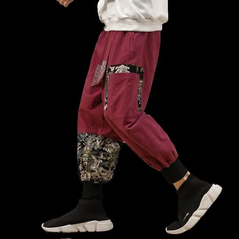 Chinese Traditional Dress Retro Print Patchwork Jogging Pants, Loose Casual Harlan Joggers, Relaxed Trousers
