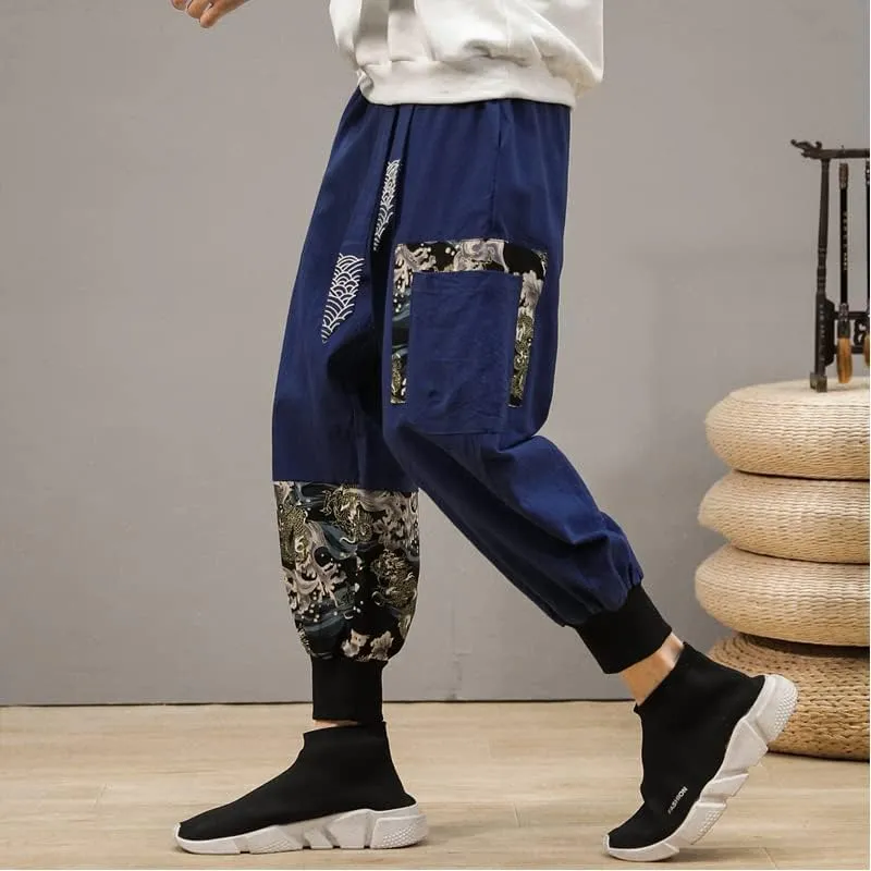 Chinese Traditional Dress Retro Print Patchwork Jogging Pants, Loose Casual Harlan Joggers, Relaxed Trousers
