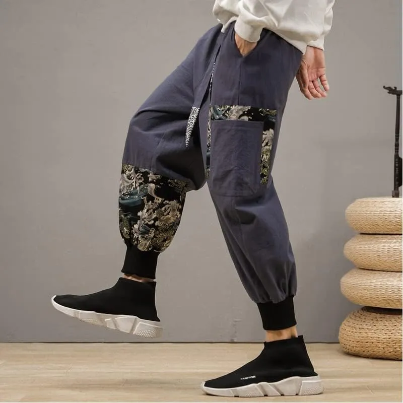 Chinese Traditional Dress Retro Print Patchwork Jogging Pants, Loose Casual Harlan Joggers, Relaxed Trousers