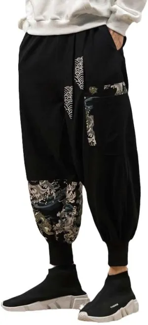 Chinese Traditional Dress Retro Print Patchwork Jogging Pants, Loose Casual Harlan Joggers, Relaxed Trousers