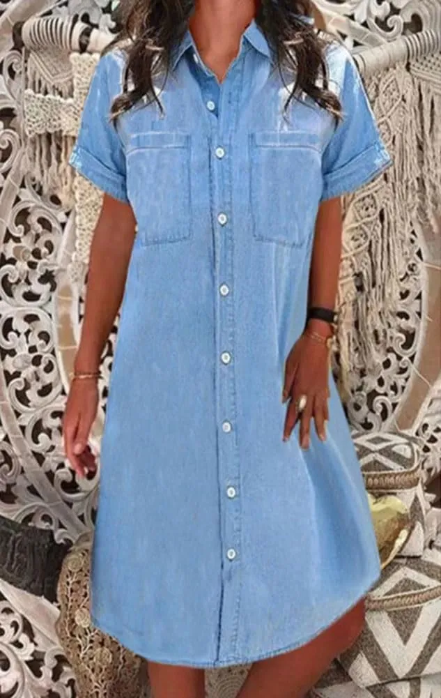 chouyatou Women's Denim Button Down Shirt Dress Short Sleeve Lapel Business Casual Jean Shift Midi Dress