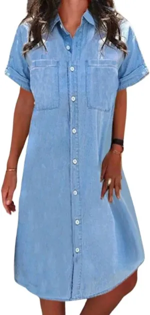 chouyatou Women's Denim Button Down Shirt Dress Short Sleeve Lapel Business Casual Jean Shift Midi Dress