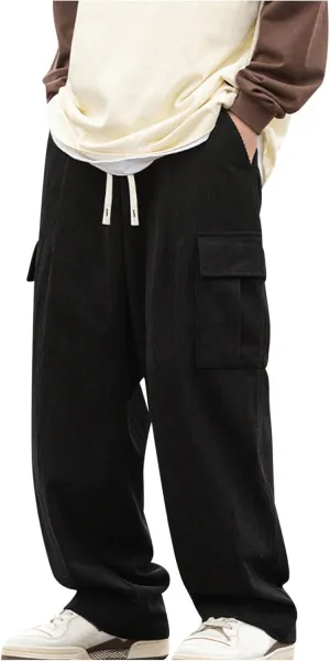 Corduroy Pants for Men Vintage Loose Straight Leg Trousers Drawstring Waist Baggy Casual Cargo Pant with Pockets