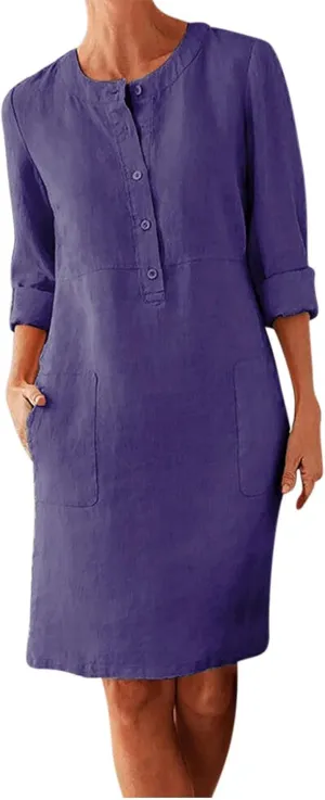 Cotton Linen Dress for Women Casual Button Up Long Sleeve Midi Dresses Work Vacation Plus Size Pockets Dress M-5XL