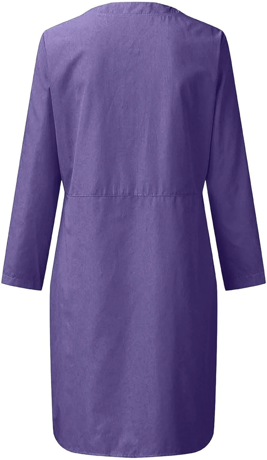 Cotton Linen Dress for Women Casual Button Up Long Sleeve Midi Dresses Work Vacation Plus Size Pockets Dress M-5XL