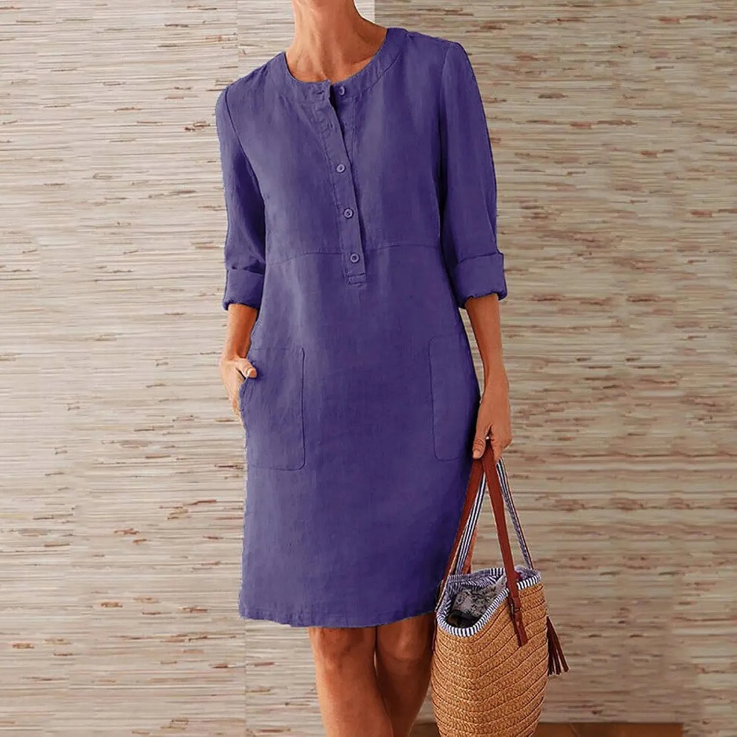 Cotton Linen Dress for Women Casual Button Up Long Sleeve Midi Dresses Work Vacation Plus Size Pockets Dress M-5XL