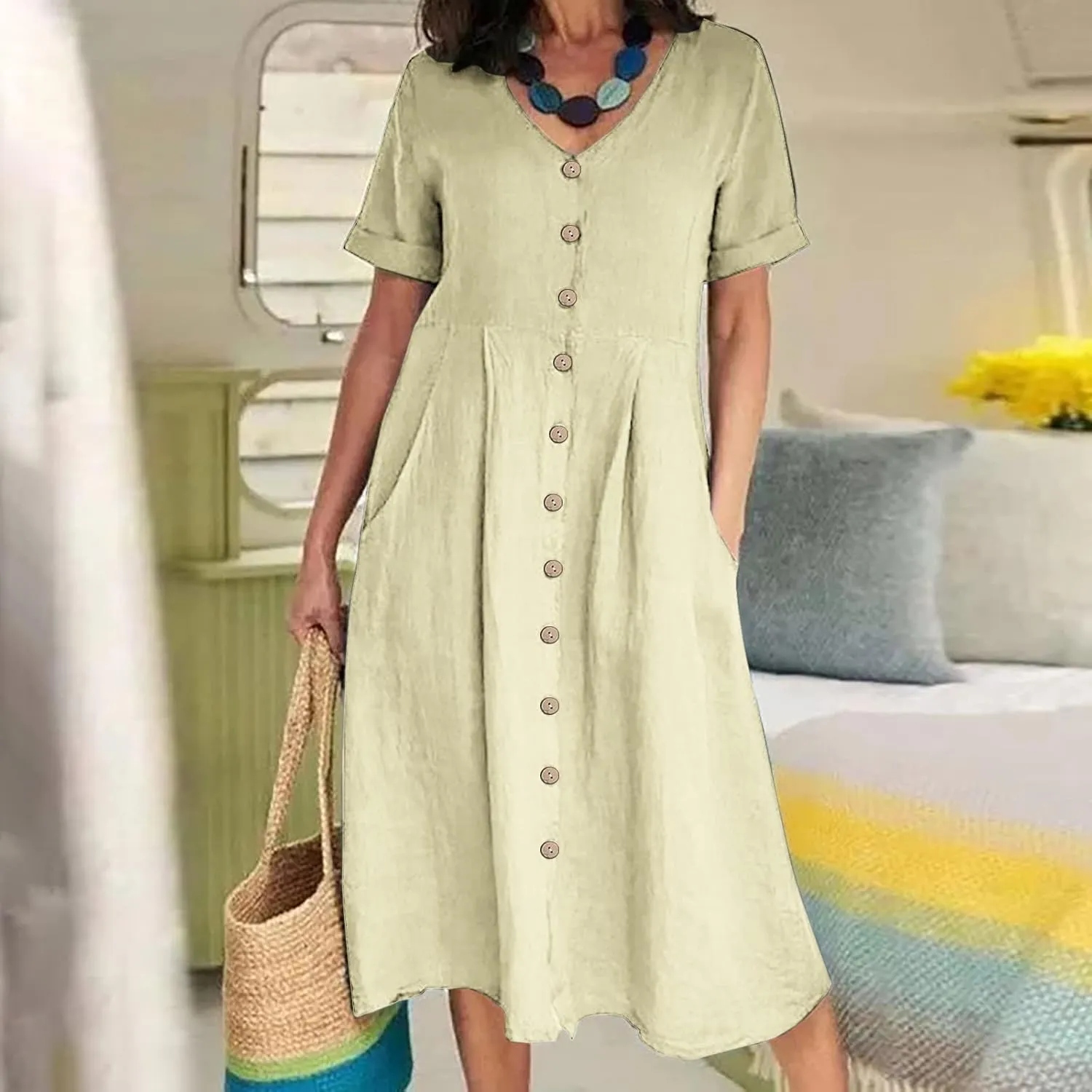 Cotton Linen Maxi Dress Fashion Button Down Beach Dresses Summer Short Sleeve Loose Boho Sundress Vacation Outfits