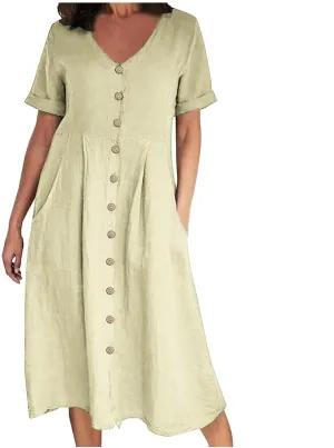 Cotton Linen Maxi Dress Fashion Button Down Beach Dresses Summer Short Sleeve Loose Boho Sundress Vacation Outfits