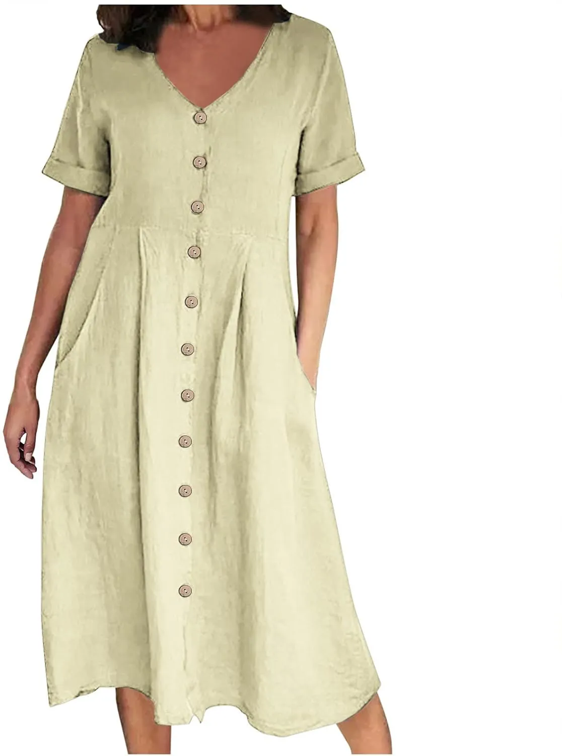 Cotton Linen Maxi Dress Fashion Button Down Beach Dresses Summer Short Sleeve Loose Boho Sundress Vacation Outfits