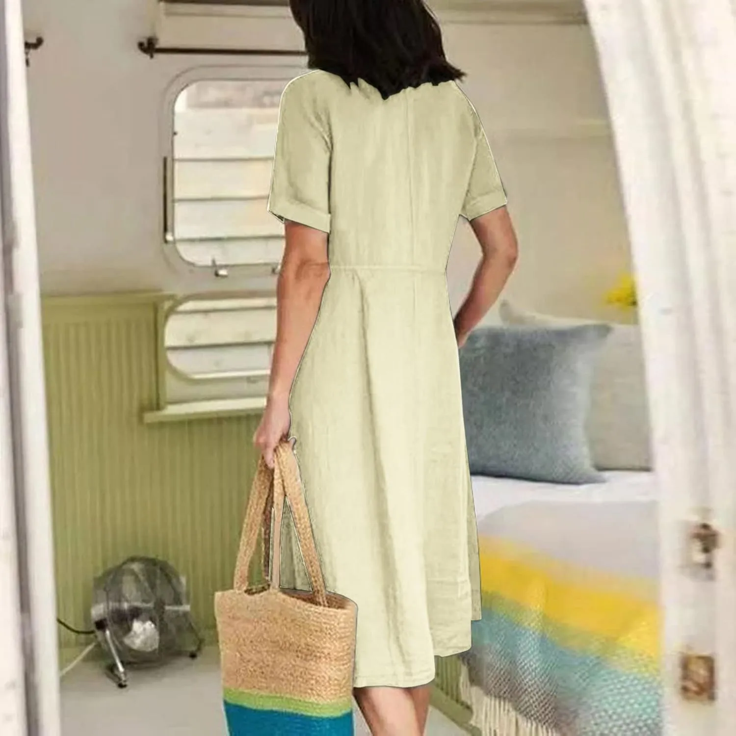 Cotton Linen Maxi Dress Fashion Button Down Beach Dresses Summer Short Sleeve Loose Boho Sundress Vacation Outfits