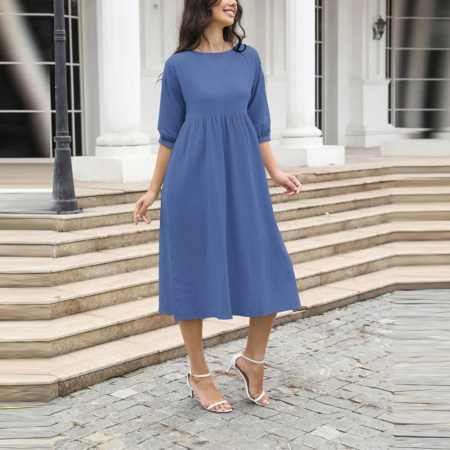Cotton Linen Midi Dresses Women's Casual Loose Summer Short Sleeve Beach Vacation Dress Trendy Plain Tunic Sundresses