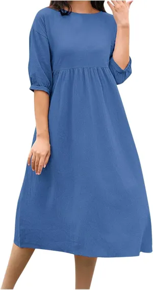 Cotton Linen Midi Dresses Women's Casual Loose Summer Short Sleeve Beach Vacation Dress Trendy Plain Tunic Sundresses