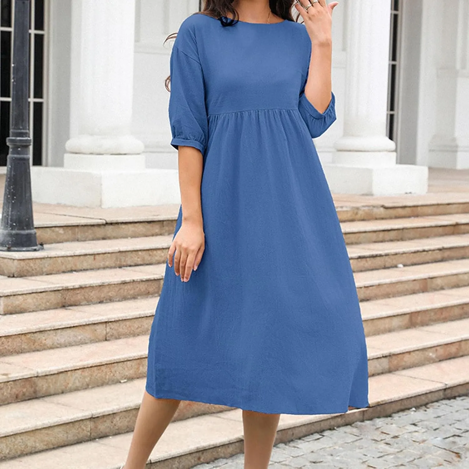 Cotton Linen Midi Dresses Women's Casual Loose Summer Short Sleeve Beach Vacation Dress Trendy Plain Tunic Sundresses