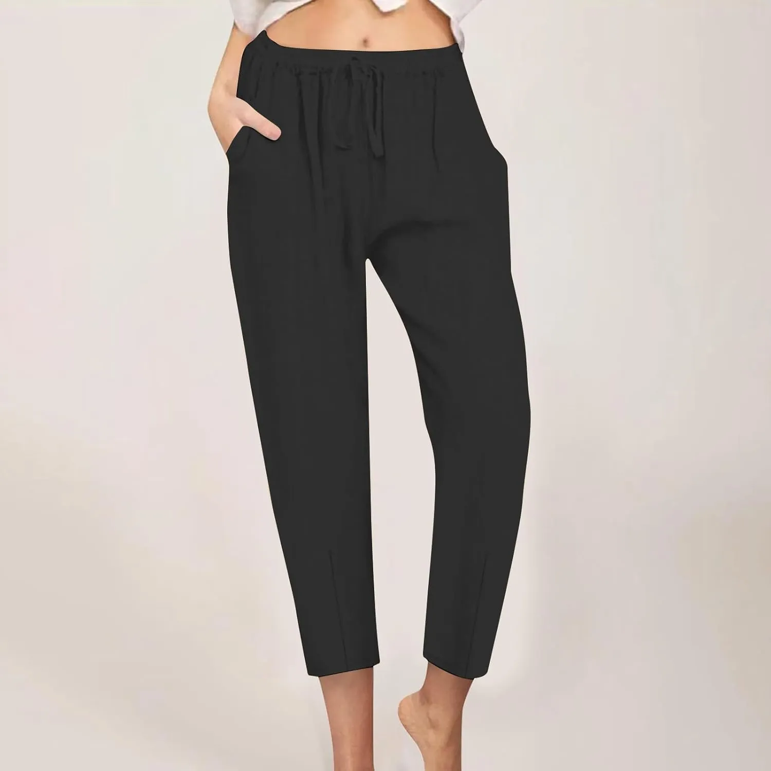 DASAYO Linen Pants Women Summer Drawstring Elastic Waist Ankle Length Tapered Pants with Pockets Comfy Casual Beach Trousers