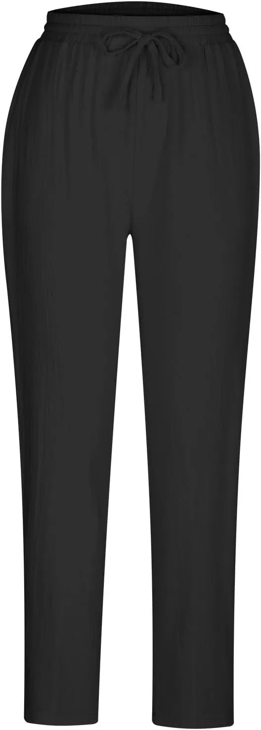 DASAYO Linen Pants Women Summer Drawstring Elastic Waist Ankle Length Tapered Pants with Pockets Comfy Casual Beach Trousers