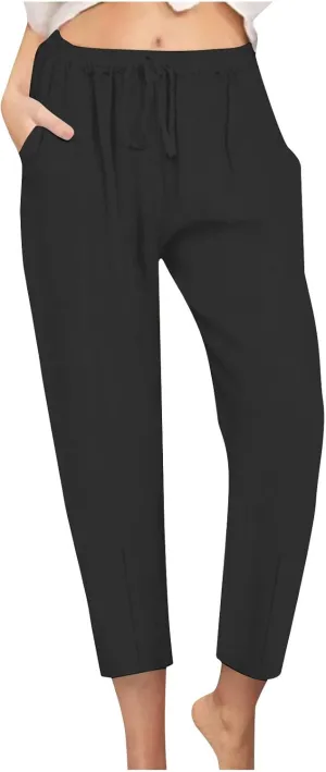 DASAYO Linen Pants Women Summer Drawstring Elastic Waist Ankle Length Tapered Pants with Pockets Comfy Casual Beach Trousers