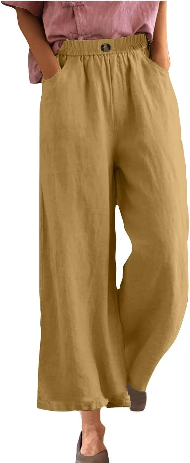 DASAYO Linen Pants Women Summer Elastic Waist Wide Leg Trousers with Pockets Ladies Loose Lounge Cropped Palazzo Beach Pants
