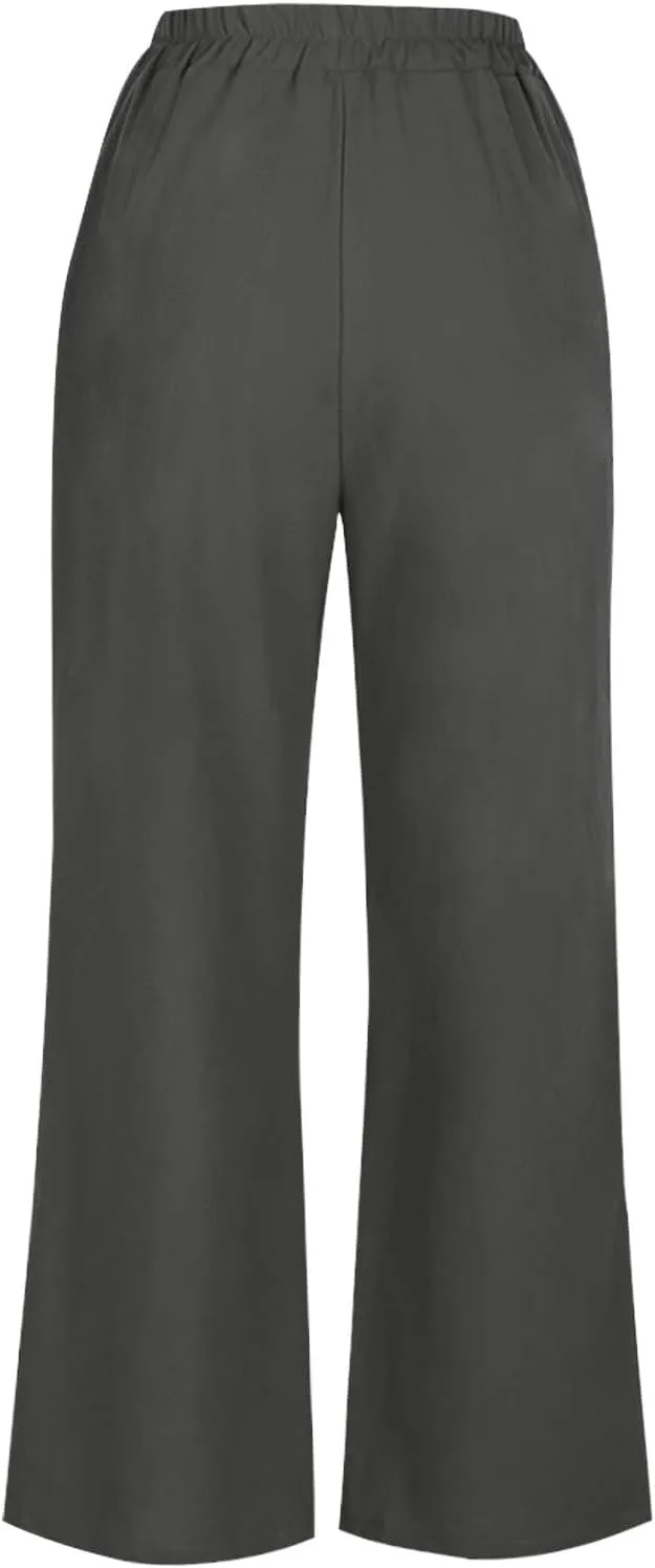 DASAYO Linen Pants Women Summer Elastic Waist Wide Leg Trousers with Pockets Ladies Loose Lounge Cropped Palazzo Beach Pants