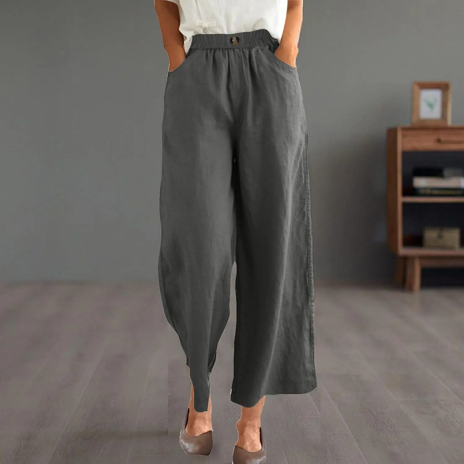 DASAYO Linen Pants Women Summer Elastic Waist Wide Leg Trousers with Pockets Ladies Loose Lounge Cropped Palazzo Beach Pants