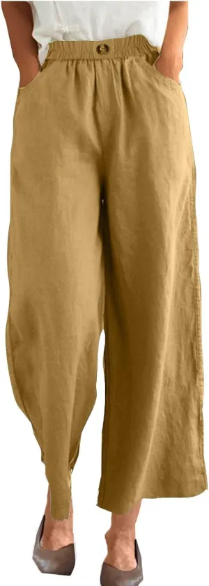 DASAYO Linen Pants Women Summer Elastic Waist Wide Leg Trousers with Pockets Ladies Loose Lounge Cropped Palazzo Beach Pants