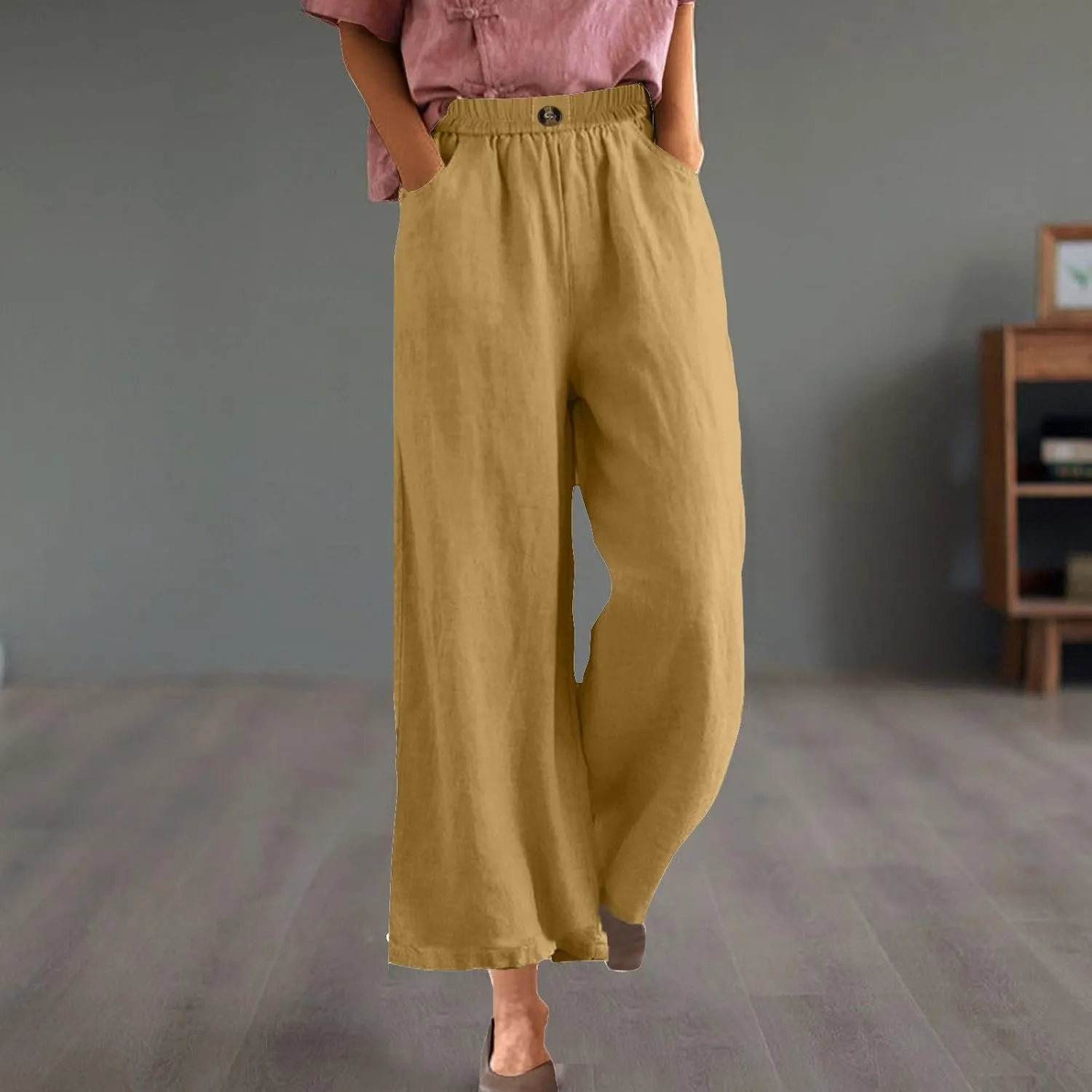 DASAYO Linen Pants Women Summer Elastic Waist Wide Leg Trousers with Pockets Ladies Loose Lounge Cropped Palazzo Beach Pants