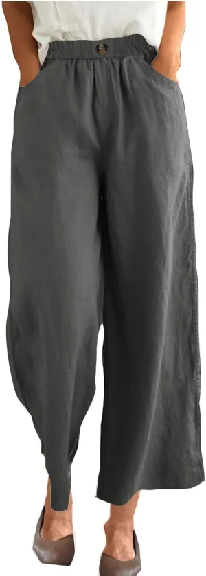 DASAYO Linen Pants Women Summer Elastic Waist Wide Leg Trousers with Pockets Ladies Loose Lounge Cropped Palazzo Beach Pants