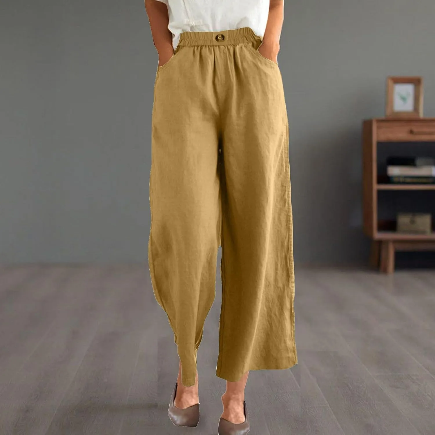 DASAYO Linen Pants Women Summer Elastic Waist Wide Leg Trousers with Pockets Ladies Loose Lounge Cropped Palazzo Beach Pants