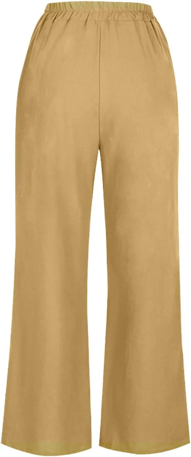 DASAYO Linen Pants Women Summer Elastic Waist Wide Leg Trousers with Pockets Ladies Loose Lounge Cropped Palazzo Beach Pants