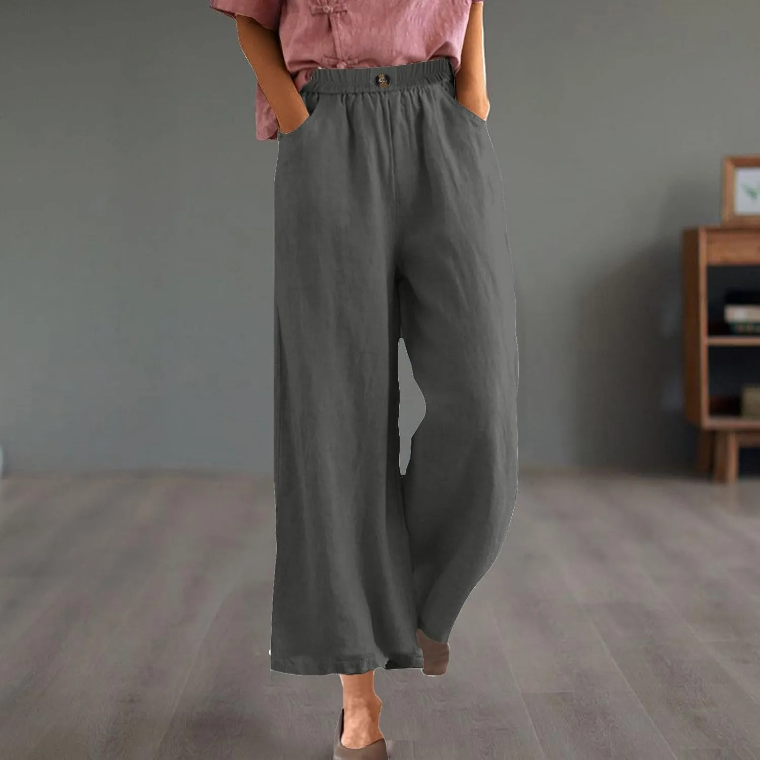 DASAYO Linen Pants Women Summer Elastic Waist Wide Leg Trousers with Pockets Ladies Loose Lounge Cropped Palazzo Beach Pants