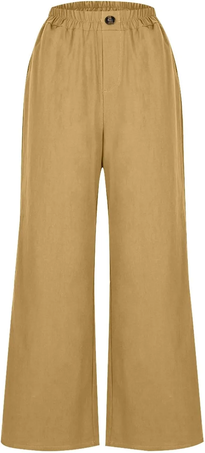 DASAYO Linen Pants Women Summer Elastic Waist Wide Leg Trousers with Pockets Ladies Loose Lounge Cropped Palazzo Beach Pants