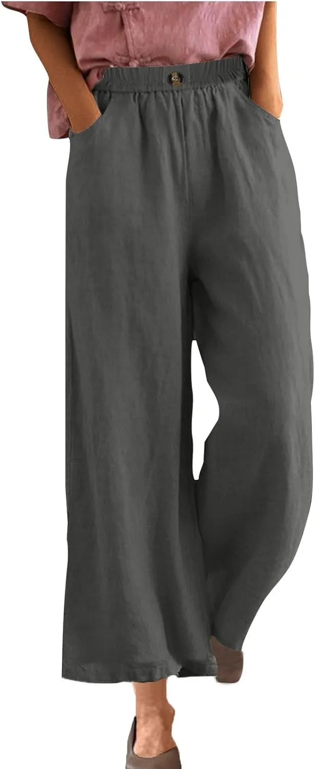DASAYO Linen Pants Women Summer Elastic Waist Wide Leg Trousers with Pockets Ladies Loose Lounge Cropped Palazzo Beach Pants