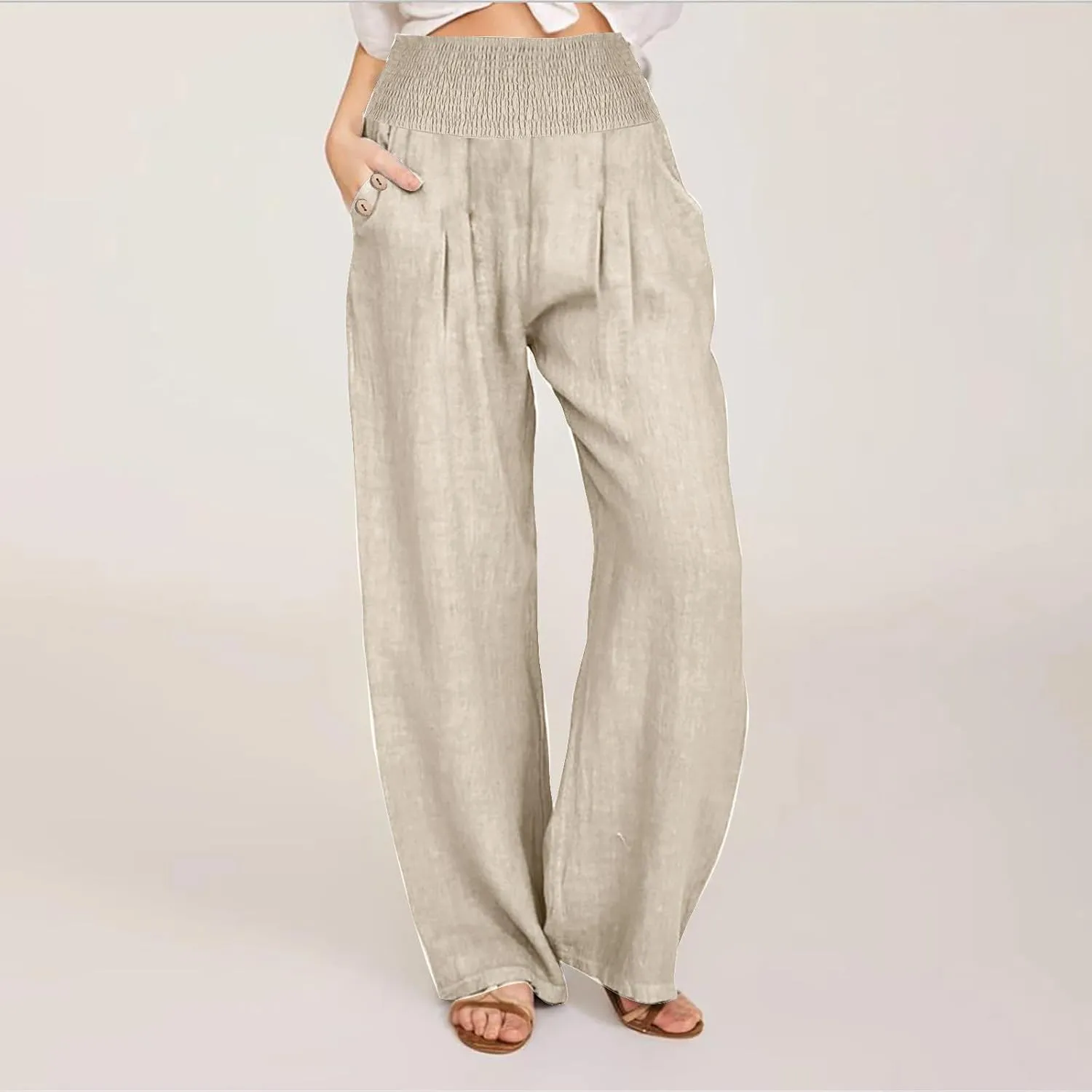 DASAYO Linen Pants Women Summer Smocked High Waisted Palazzo Pants Dressy Casual Ladies Loose Lounge Trousers with Pockets