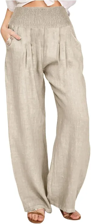 DASAYO Linen Pants Women Summer Smocked High Waisted Palazzo Pants Dressy Casual Ladies Loose Lounge Trousers with Pockets