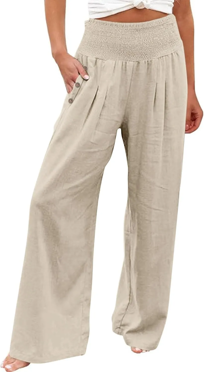 DASAYO Linen Pants Women Summer Smocked High Waisted Palazzo Pants Dressy Casual Ladies Loose Lounge Trousers with Pockets