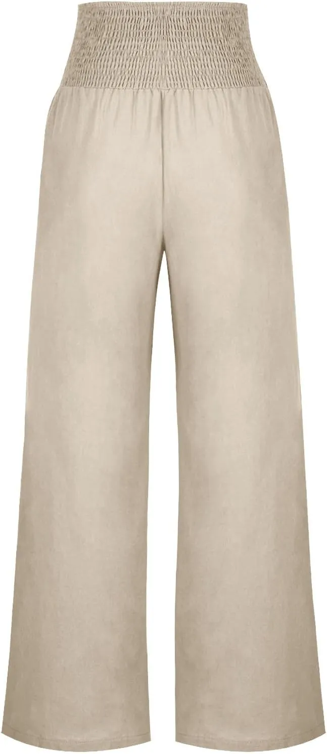DASAYO Linen Pants Women Summer Smocked High Waisted Palazzo Pants Dressy Casual Ladies Loose Lounge Trousers with Pockets