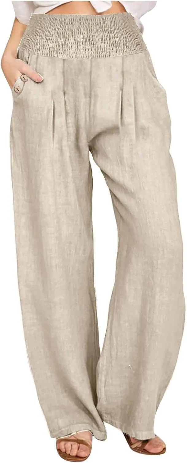 DASAYO Linen Pants Women Summer Smocked High Waisted Palazzo Pants Dressy Casual Ladies Loose Lounge Trousers with Pockets