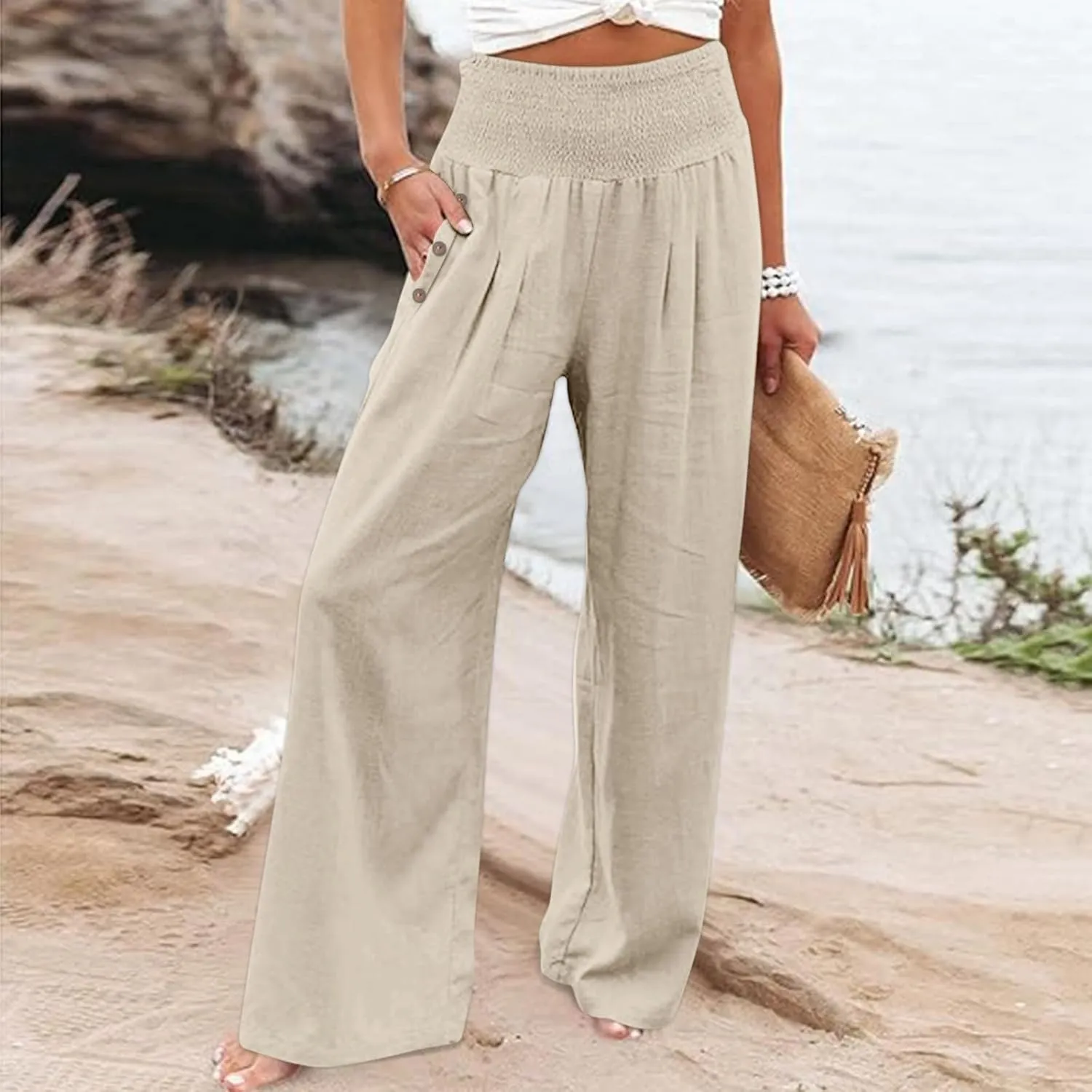 DASAYO Linen Pants Women Summer Smocked High Waisted Palazzo Pants Dressy Casual Ladies Loose Lounge Trousers with Pockets