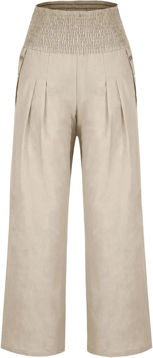 DASAYO Linen Pants Women Summer Smocked High Waisted Palazzo Pants Dressy Casual Ladies Loose Lounge Trousers with Pockets