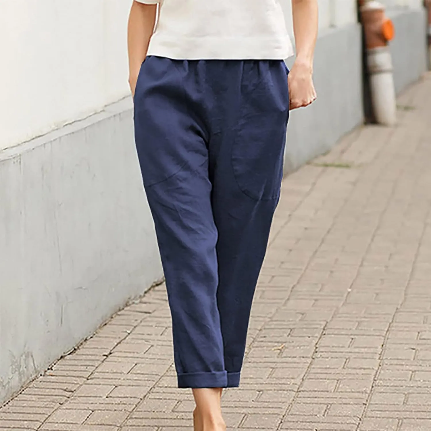 DASAYO Womens Linen Pants Elastic Wasit Straight Leg Casual Pants Ladies Loose Fit Comfy Trousers with Pockets Summer Fashion