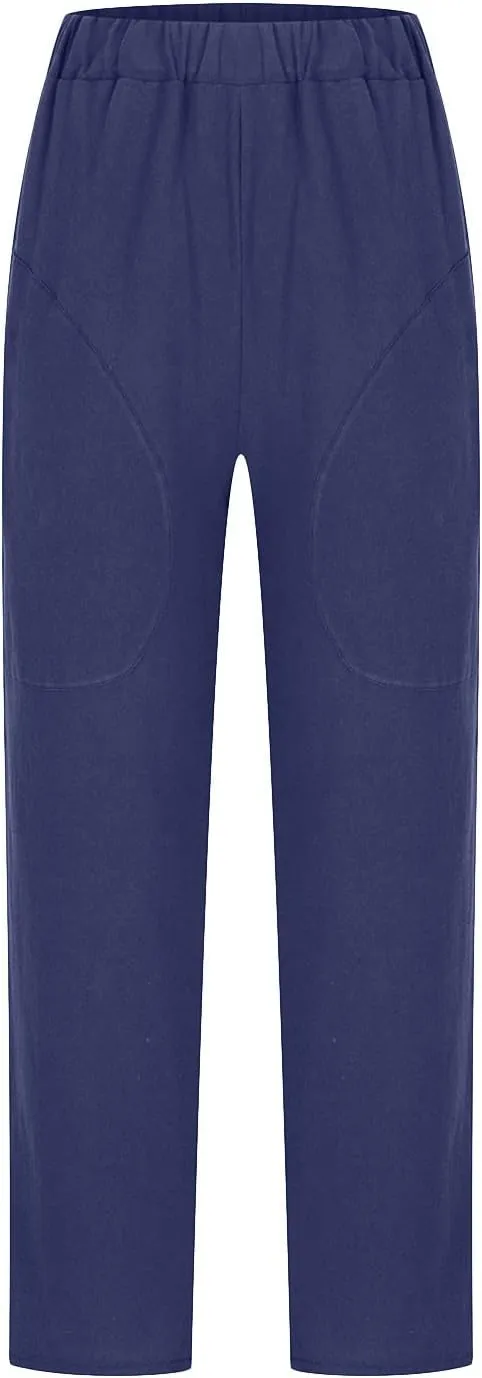 DASAYO Womens Linen Pants Elastic Wasit Straight Leg Casual Pants Ladies Loose Fit Comfy Trousers with Pockets Summer Fashion